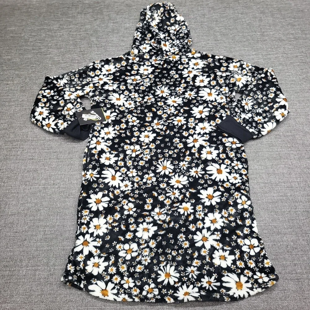 Girls Hooded Shearling Gown - art class Black w Flowers Print Size Large 10/12